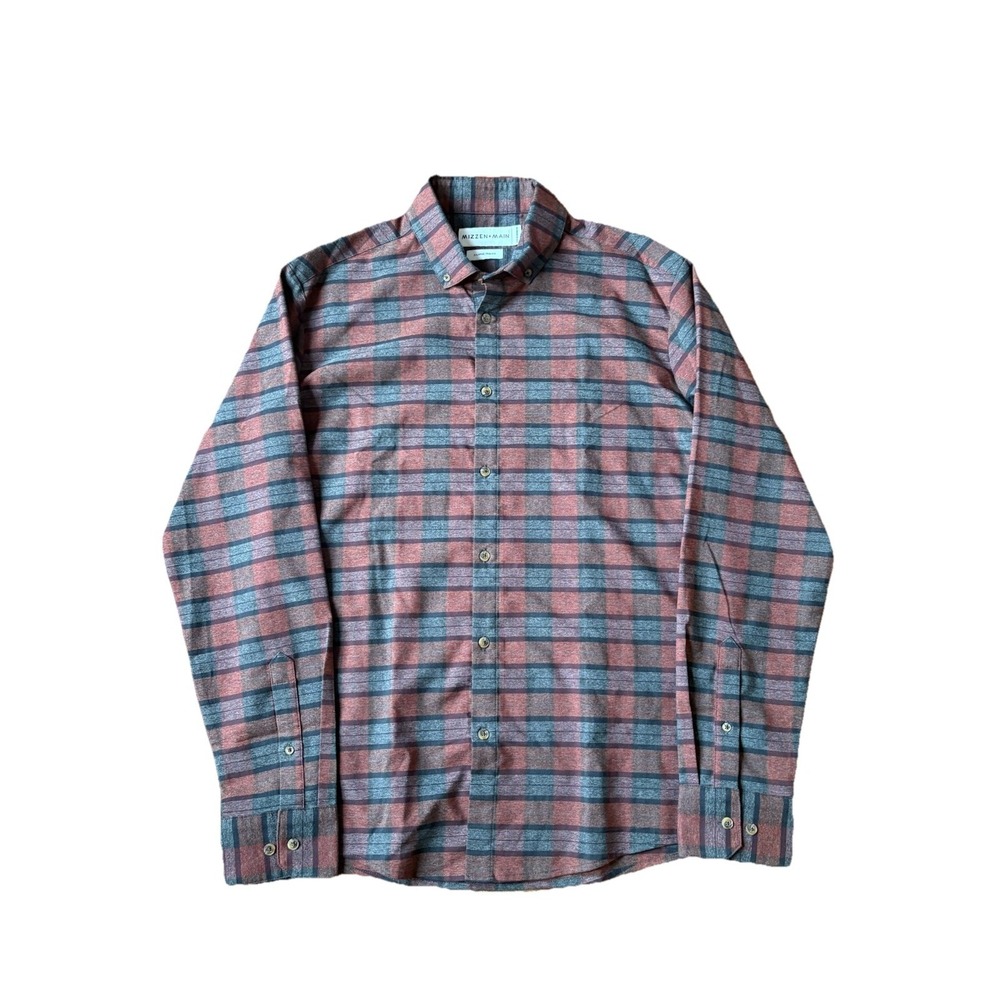 Mizzen Main Men's XL Trim Fit Red Flannel Button Down Plaid Shirt Long Sleeve